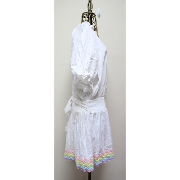 Juliet Dunn Blouson White Belted Button Down Rainbow Linen Dress Size 3/Large - Picture 3 of 7